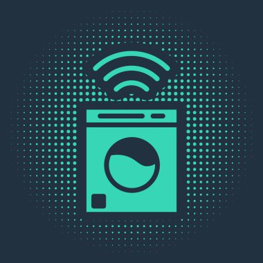 Yeşil Akıllı çamaşır makinesi ikonu mavi arkaplanda izole edildi. Çamaşır makinesi simgesi. İnternet kavramının kablosuz bağlantısı. Soyut çember rastgele noktalar. Vektör.