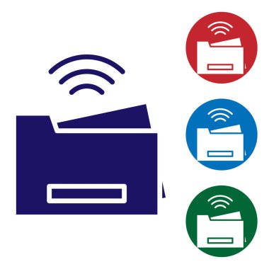 Mavi Akıllı yazıcı sistemi simgesi beyaz arkaplanda izole edildi. İnternet kavramının kablosuz bağlantısı. Renkli kare düğmelerle simgeleri ayarla. Vektör.
