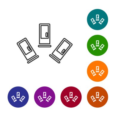 Siyah çizgi kartuş simgesi beyaz arkaplanda izole edildi. Av tüfeği av tüfeği fişeği. Tüfek mermisi ikonu. Simgeleri renk daire düğmelerine ayarla. Vektör.