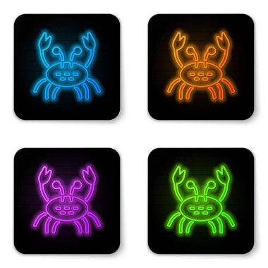 Parlayan neon yengeç simgesi beyaz arkaplanda izole edildi. Siyah kare düğme. Vektör.