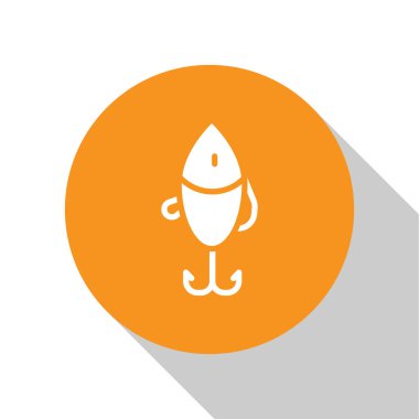 Beyaz balık yemi simgesi beyaz arkaplanda izole edildi. Balık oltası. Turuncu daire düğmesi. Vektör.