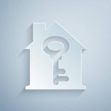 Kağıt kesiği, gri arkaplanda anahtar simgesi olan House. Ev anahtarının konsepti. Kağıt sanatı tarzı. Vektör.