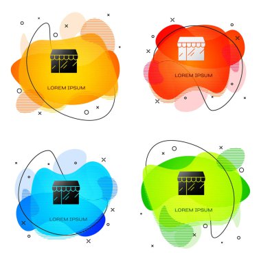 Siyah Alışveriş binası ya da market simgesi beyaz arka planda izole edilmiş. Dükkan inşaatı. Sıvı şekilli soyut pankart. Vektör.