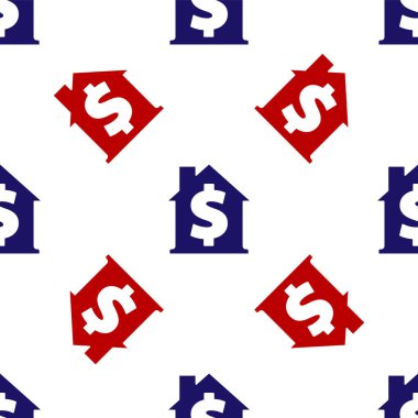Dolar sembolü olan Mavi ve Kırmızı Ev beyaz arka planda izole edilmiş kusursuz desen. Ev ve para. Emlak konsepti. Vektör.