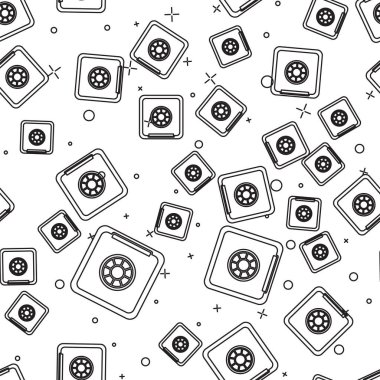 Siyah çizgi güvenli simgesi beyaz arkaplandaki kusursuz deseni izole etti. Kapı, şifreli bir banka kasası. Güvenilir Veri Koruma. Vektör.