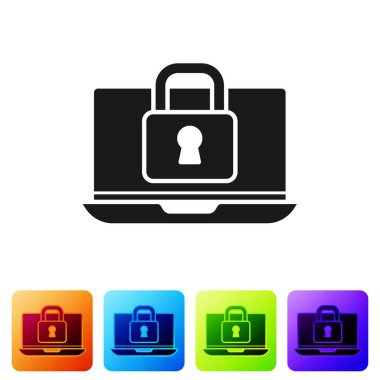 Siyah dizüstü bilgisayar ve kilit simgesi beyaz arkaplanda izole edildi. Bilgisayar ve asma kilit. Güvenlik, güvenlik, koruma kavramı. Güvenli bir ağ. Renkli kare düğmelerle simgeleri ayarla. Vektör.