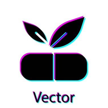 Beyaz arka planda bitki ikonu olan siyah tıbbi haplar. Bitkisel hap. Vektör.