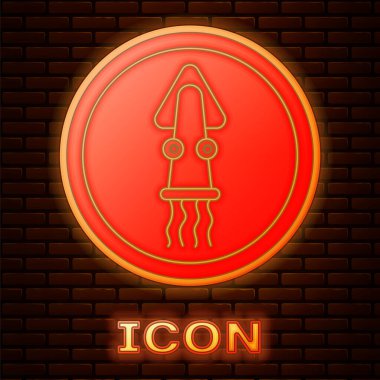 Duvarda izole edilmiş bir plaka ikonunda parlayan neon ahtapot. Vektör..