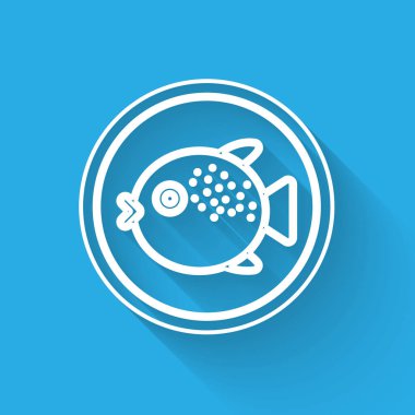 Uzun gölgeli bir tabak ikonunda beyaz çizgili kirpi balığı. Fugu balığı Japon kirpi balığı. Vektör..