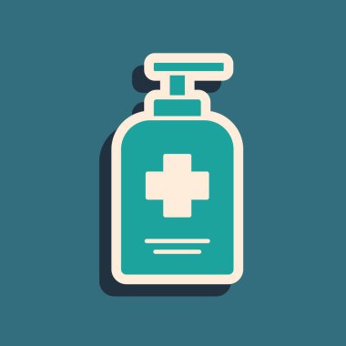 Yeşil arka planda izole edilmiş sıvı antibakteriyel sabun. Antiseptik. Dezenfeksiyon, hijyen, cilt bakımı. Uzun gölge tarzı. Vektör..