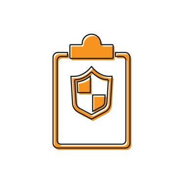 Beyaz zemin üzerinde kalkan simgesi olan turuncu belge. Sigorta konsepti. Güvenlik, güvenlik, koruma, konsept koruma. Vektör..