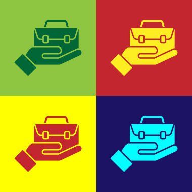Pop Art Hand evrak çantası simgesini renkli arkaplanda izole etti. Sigorta konsepti. Güvenlik, güvenlik, koruma, konsept koruma. Vektör..