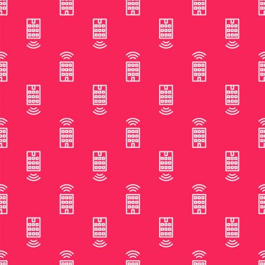 Beyaz çizgi Akıllı ev, kablosuz ikon izole edilmiş kırmızı arka plan. Uzaktan kumanda. İnternet kavramının kablosuz bağlantısı. Vektör.