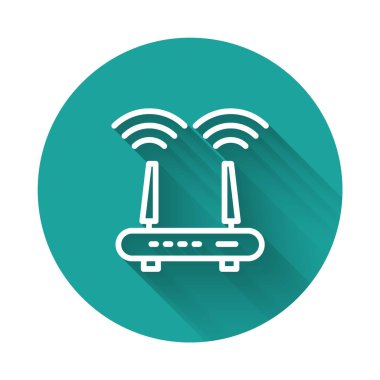 Beyaz hat Router ve kablosuz ağ sinyali ikonu uzun gölgeli. Kablosuz ethernet modem yönlendirici. Bilgisayar teknolojisi interneti. Yeşil daire düğmesi. Vektör.