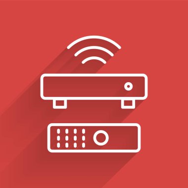 Beyaz çizgi, kablosuz multimedya ve TV kutusu alıcısı ve uzaktan kumanda simgesine sahip uzun gölgeli bir oyuncu. Vektör.