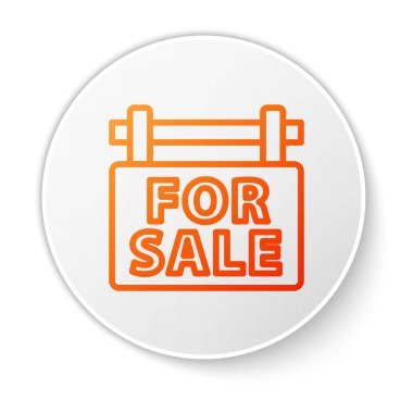 Beyaz arkaplanda satılık simgesiyle birlikte turuncu çizgi asma işareti. Satılık mesajlı pano. Beyaz daire düğmesi. Vektör.