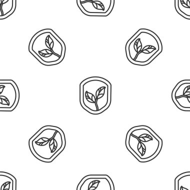 Yaprak simgesi olan gri çizgi kalkanı beyaz arka planda izole edilmiş. Yapraklı çevre dostu güvenlik kalkanı. Vektör.