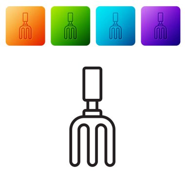 Siyah çizgi bahçe tırmık simgesi beyaz arkaplanda izole edildi. Bahçecilik, tarım, çiftçilik aleti. Toprak işçisi. Renkli kare düğmelerle simgeleri ayarla. Vektör.