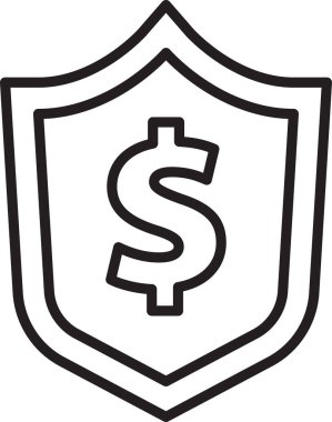 Beyaz zemin üzerinde dolar sembolü olan siyah çizgi kalkanı. Güvenlik kalkanı koruması. Para güvenliği konsepti. Vektör.