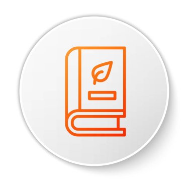 Beyaz arka planda yaprak simgesi olan turuncu çizgi tıp kitabı. Beyaz daire düğmesi. Vektör.