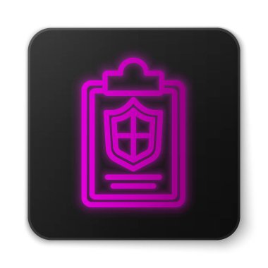 Beyaz arkaplanda izole edilmiş kalkan simgesiyle parlayan neon hattı belgesi. Sigorta konsepti. Güvenlik, güvenlik, koruma, konsept koruma. Siyah kare düğme. Vektör..