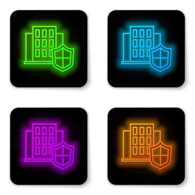 Beyaz zemin üzerinde kalkan simgesi olan parlak neon çizgili ev. Sigorta konsepti. Güvenlik, güvenlik, koruma, konsept koruma. Siyah kare düğme. Vektör..