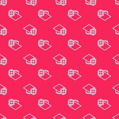 Beyaz çizgi mezuniyet şapkası ve kalkan simgesi kırmızı arka planda izole edilmiş pürüzsüz desen. Sigorta konsepti. Güvenlik, güvenlik, koruma, konsept koruma. Vektör..