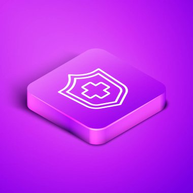 Mor arka planda izole edilmiş Isome hattı sağlık sigortası ikonu. Hasta koruması. Güvenlik, güvenlik, koruma, konsept koruma. Mor kare düğme. Vektör..