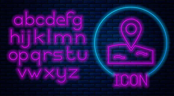 Gloeiende Neon Locatie Vissen Pictogram Geïsoleerd Baksteen Muur Achtergrond Visplaats — Stockvector