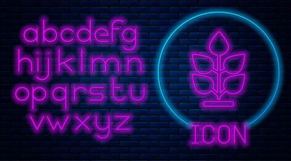 Ragyogó Neon Növény Ikon Elszigetelt Téglafal Háttér Vetés Palánta Levelek — Stock Vector