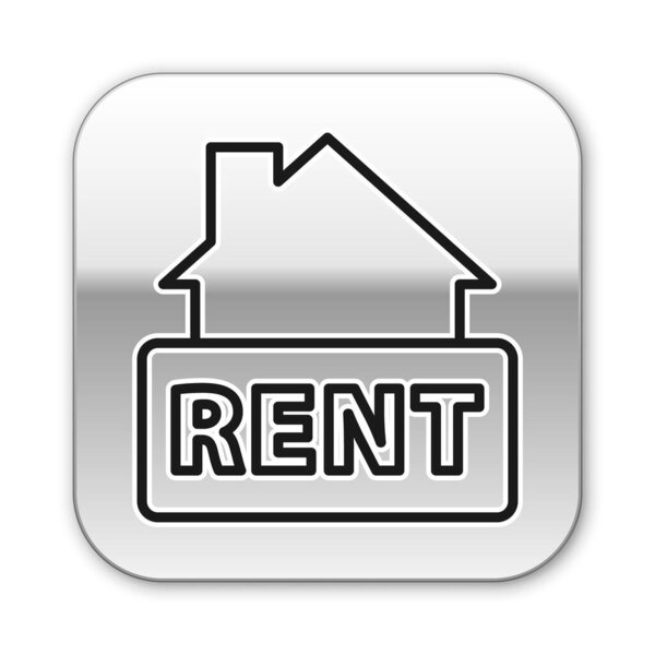 Черная линия висит знак с текстом Аренда значок изолирован на белом фоне. Вывеска с текстом для аренды. Серебряная кнопка. Вектор.
