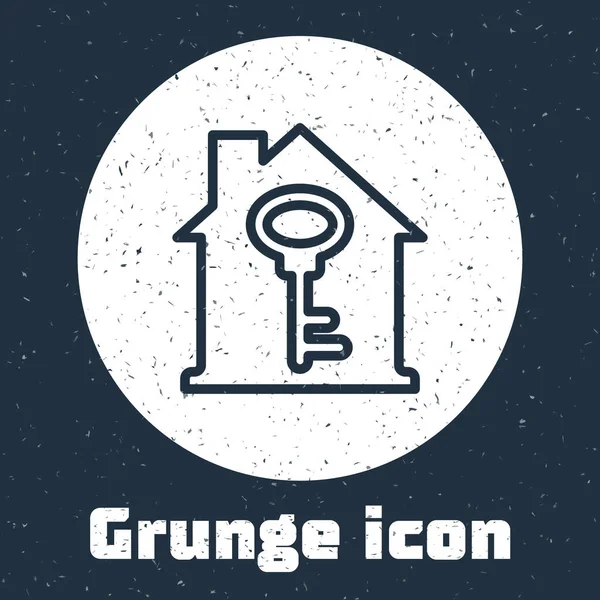 Grunge Line Casa Con Icono Clave Aislado Sobre Fondo Gris — Vector de stock