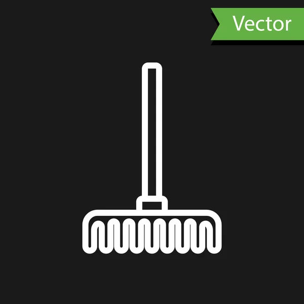 Weiße Linie Garden Harke Symbol Isoliert Auf Schwarzem Hintergrund Werkzeug — Stockvektor