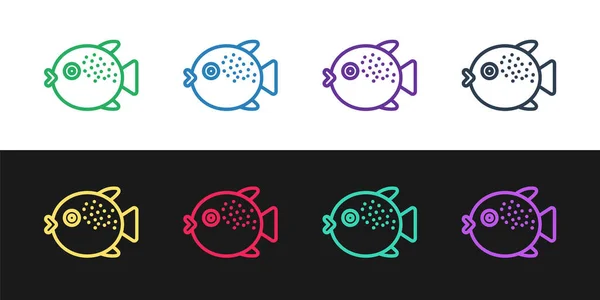 Set Line Puffer Fish Icon Isolated Black White Background Fugu — Stock Vector