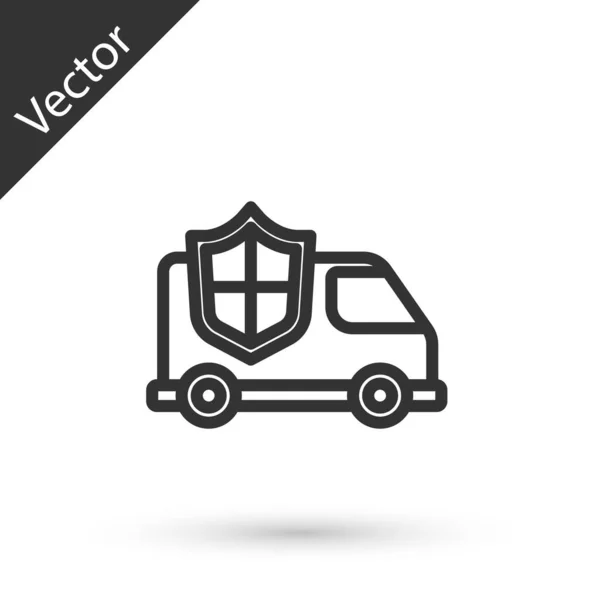 Línea Gris Coche Con Icono Escudo Aislado Sobre Fondo Blanco — Vector de stock