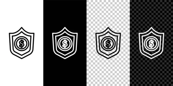Установите Линию Shield Значком Символа Доллара Выделенным Черно Белом Фоне — стоковый вектор