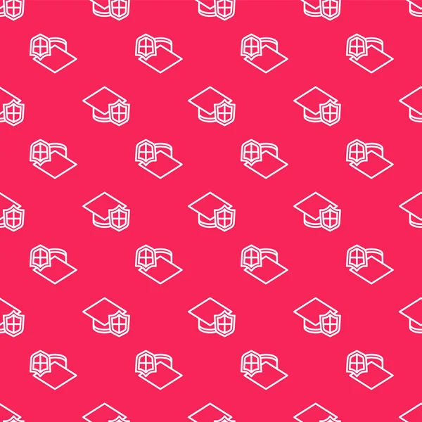 Beyaz çizgi mezuniyet şapkası ve kalkan simgesi kırmızı arka planda izole edilmiş pürüzsüz desen. Sigorta konsepti. Güvenlik, güvenlik, koruma, konsept koruma. Vektör..