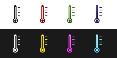 Meteoroloji termometresi siyah ve beyaz arkaplanda izole edilmiş ikon ölçüsü ayarla. Termometre termometresi sıcak ya da soğuk hava gösteriyor. Vektör İllüstrasyonu.
