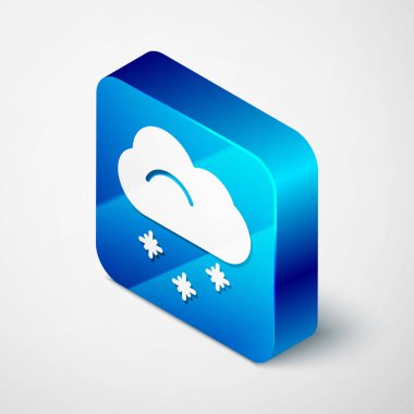 Gri arkaplanda kar ikonu olan Isometric Cloud. Kar taneli bulut. Tek hava ikonu. Kar tabelası. Mavi kare düğme. Vektör İllüstrasyonu.