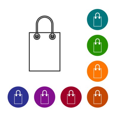 Beyaz arka planda siyah çizgi kâğıt poşet ikonu izole edildi. Paket işareti. Simgeleri renk daire düğmelerine ayarla. Vektör İllüstrasyonu.