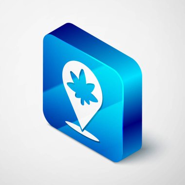 Gri arkaplanda izole edilmiş Isometric Harita İşaretleyici ve marihuana veya kenevir yaprağı ikonu. Kenevir sembolü. Mavi kare düğme. Vektör İllüstrasyonu.