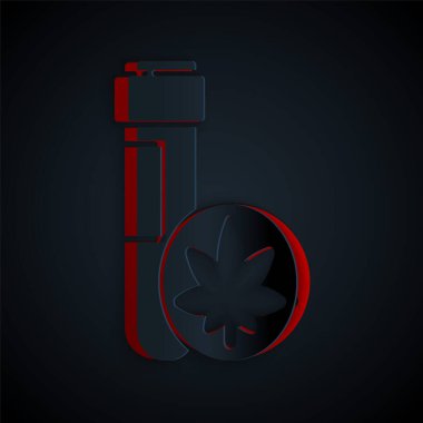 Kağıt, siyah arka planda marihuana ya da kenevir yaprağı ikonu ile kimyasal test tüpünü kesti. Araştırma konsepti. Laboratuvar CBD yağı. Kağıt sanatı tarzı. Vektör İllüstrasyonu.