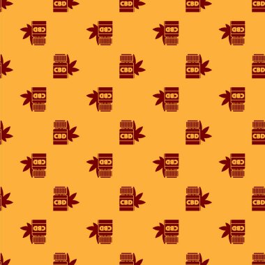 Marihuana ya da kenevir yaprağı ikonlu kırmızı tıbbi şişe kahverengi arka planda iz bırakmış. Kavanozlardaki kenevir yağı özlerini taklit et. Vektör İllüstrasyonu.