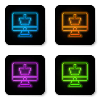 Beyaz arkaplanda izole edilmiş alışveriş sepeti simgesi ile parlayan neon bilgisayar monitörü. Çevrimiçi alışveriş arabası. Süpermarket sepeti sembolü. Siyah kare düğme. Vektör İllüstrasyonu.