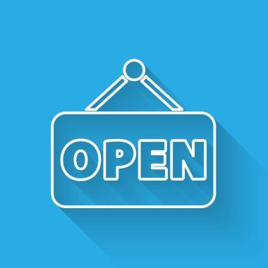 Beyaz çizgi asma işareti ve uzun gölgeli açık kapı simgesi. Vektör İllüstrasyonu.