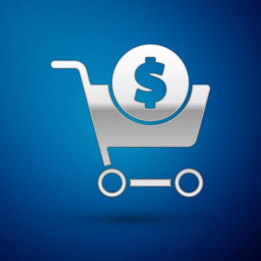 Gümüş alışveriş arabası ve dolar sembolü mavi arka planda izole edilmiş. İnternetten satın alma konsepti. Teslimat servisi. Süpermarket sepeti. Vektör İllüstrasyonu.