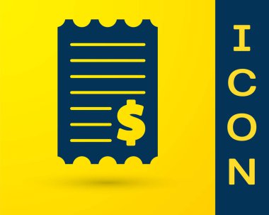 Sarı arka planda mavi kağıt ve mali kontrol simgesi izole edildi. Kağıt baskı çeki, makbuz ya da fatura. Vektör İllüstrasyonu.