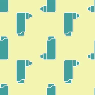 Yeşil astım ikonu sarı arkaplanda izole edilmiş pürüzsüz desen. Öksürük şurubu, solunum, alerjik hasta. Vektör İllüstrasyonu.