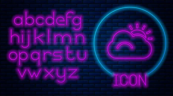 Ragyogó Neon Nap Felhő Időjárás Ikon Elszigetelt Téglafal Háttér Neonfény — Stock Vector