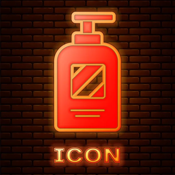 Leuchtende Neon Flasche Shampoo Symbol Isoliert Auf Backsteinwand Hintergrund Vektorillustration — Stockvektor